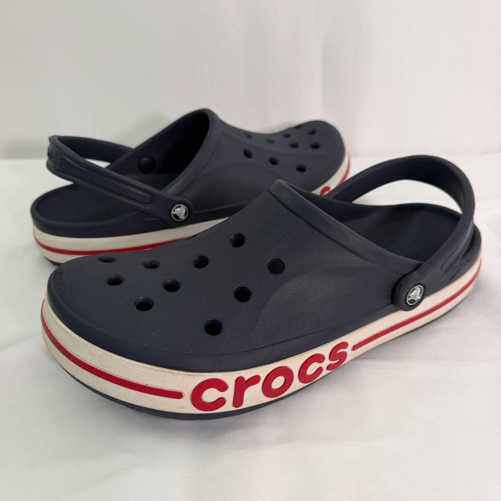 Crocs Bayaband Clog Navy Blue Red White Logo Mens Size 13 Slip On Shoes